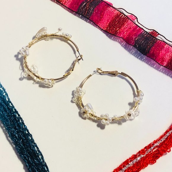 Gold Hoop Earrings with Strands of Pearls & Flowers - Picture 2 of 3